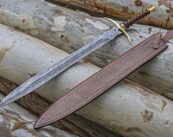 Hand-Forged Viking Fantasy Sword– Damascus Steel Medieval Display Collectible with Sheath
