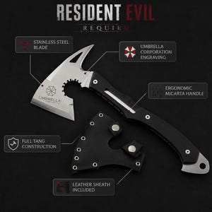 May include: A stainless steel axe with a black handle and leather sheath. The axe features an Umbrella Corporation engraving and is labeled with "Resident Evil Requiem". The handle is ergonomic Micarta. Full tang construction.