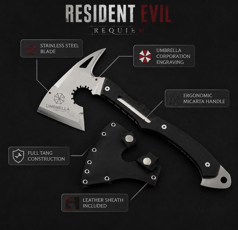 May include: A stainless steel axe with a black handle and leather sheath. The axe features an Umbrella Corporation engraving and is labeled with "Resident Evil Requiem". The handle is ergonomic Micarta. Full tang construction.
