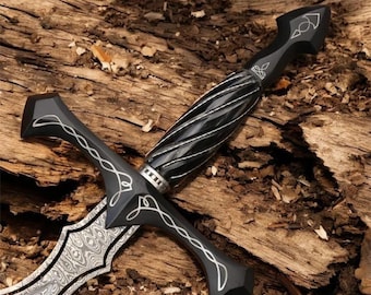 Queen of Swords Damascus Steel Sword, Hand Forged Viking Sword with Leather Sheath, Medieval Fantasy Collector Gift Decor