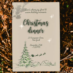Peut inclure: Une invitation beige pour un dîner de Noël avec du texte et des illustrations verts. L'invitation comprend le texte "Christmas dinner", l'adresse, la date et l'heure. L'illustration représente un sapin de Noël, des maisons et des rennes.