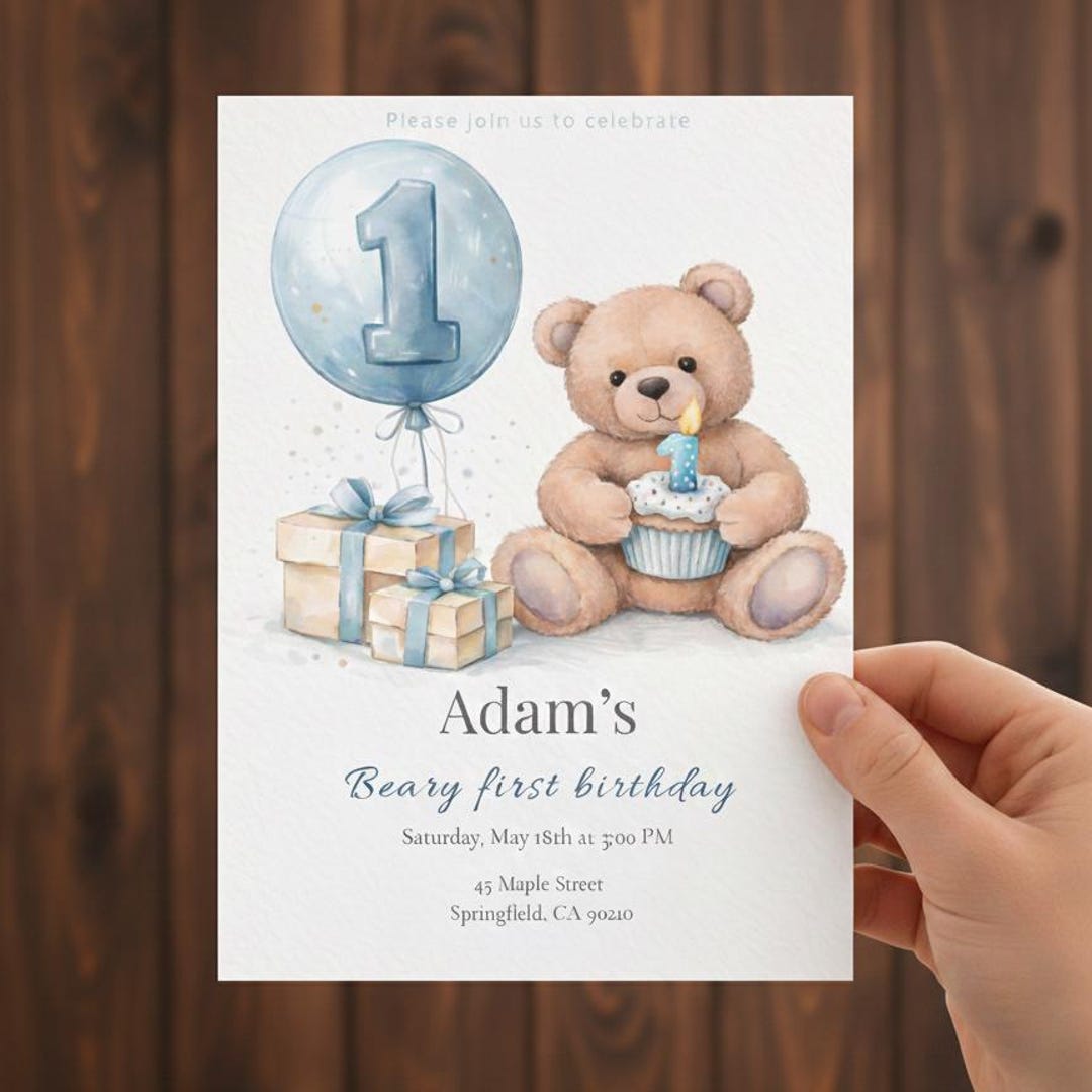 Beary First Birthday Invitation Boy, Teddy Bear First Birthday Party ...