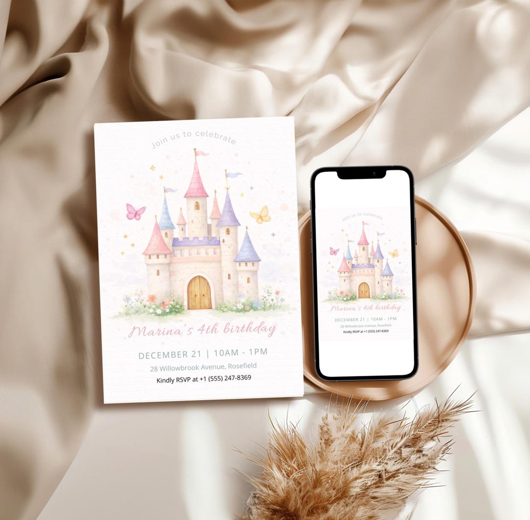 Pastel Watercolor Castle Invitation – Editable Fairy Tale Princess ...