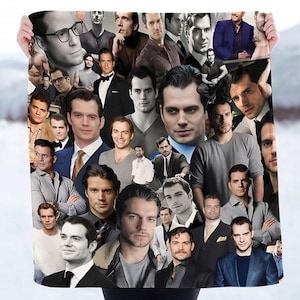 May include: A white blanket featuring a collage of various images of a man in different poses and outfits. The images are in shades of black, white, and gray, with some in color. The blanket is held up against a snowy background.