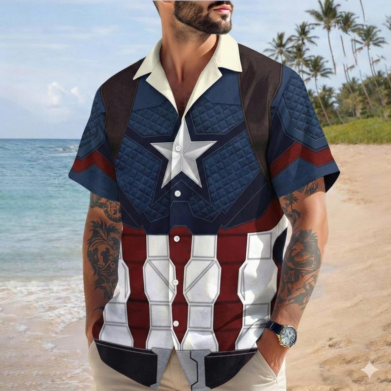 Camiseta de Capitán América Hawái, camiseta de superhéroe patriótico para vacaciones de verano, camiseta con gráfico de playa tropical imagen 1