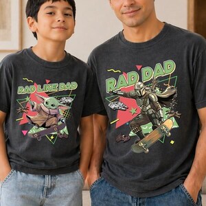 Rad Dad Mandalorian and Baby Yoda Matching Shirt, Retro 90s StarWars Father Day Matching Shirts, Dad and Son Baby Yoda Tees image 2
