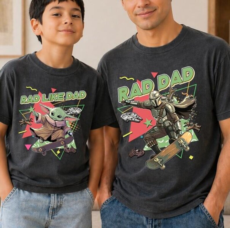 Rad Dad Mandalorian and Baby Yoda Matching Shirt, Retro 90s StarWars Father Day Matching Shirts, Dad and Son Baby Yoda Tees image 2