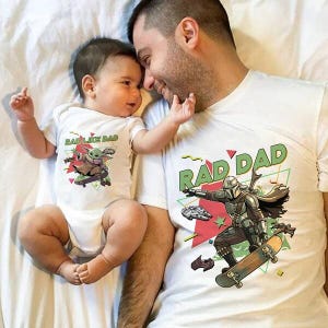 Rad Dad Mandalorian and Baby Yoda Matching Shirt, Retro 90s StarWars Father Day Matching Shirts, Dad and Son Baby Yoda Tees image 1