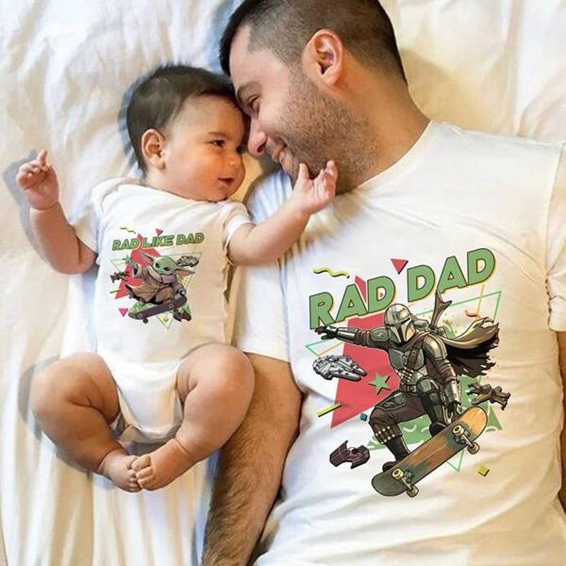 Rad Dad Mandalorian and Baby Yoda Matching Shirt, Retro 90s StarWars Father Day Matching Shirts, Dad and Son Baby Yoda Tees image 1