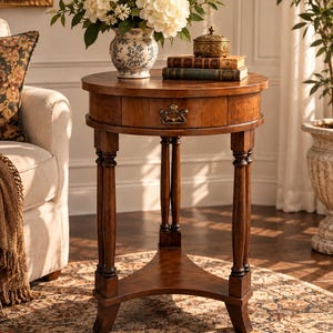 May include: A round wooden side table with a warm brown finish, featuring a single drawer with a metal pull, three slender legs connected by a triangular lower shelf, and a smooth top surface holding a floral vase and books.
