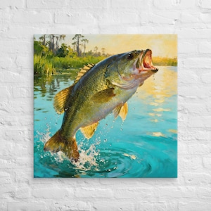 Largemouth Bass Fishing Canvas Art: Jumping Fish Home Decor