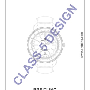 May include: Line drawing of a Breitling Navitimer watch. The watch face features multiple dials and a date display. The watch has a leather strap. The text "BREITLING - Navitimer -" is at the bottom. The words "CLASS DESIGN" are diagonally across the image.
