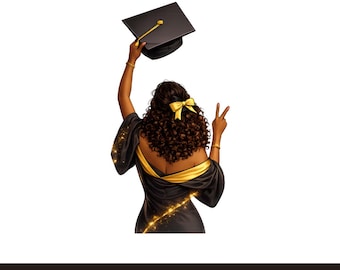 Mujer negra mayor svg, chica afroamericana graduada png, graduación de chica negra svg, birrete de graduación negro y dorado clipart Descarga digital