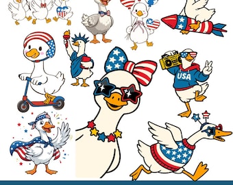 Paquete de imágenes PNG de gansos patrióticos / Colección de imágenes prediseñadas de gansos de EE. UU. / Ganso de dibujos animados en acuarela del 4 de julio en formato PNG