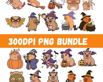 Paquete PNG de capibara de Halloween / Conjunto de imágenes prediseñadas de capibara espeluznante y adorable / PNG de bruja, fantasma, calabaza, murciélago, animal kawaii / Descarga digital de 300 DPI