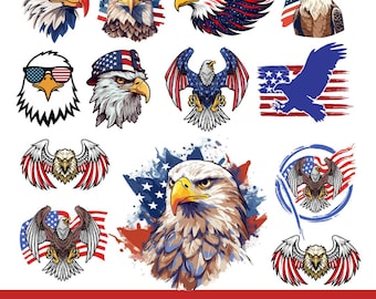 Paquete de imágenes PNG de águila patriótica / Imágenes prediseñadas de águila calva americana / Águila de la bandera de EE. UU. en formato PNG / Imagen PNG para sublimación del 4 de julio