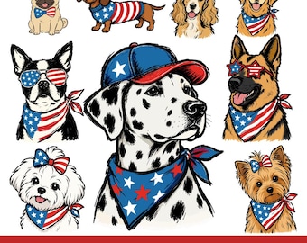 Paquete de imágenes PNG de perros patrióticos, colección de imágenes prediseñadas de perros de EE. UU., imágenes PNG de perros del 4 de julio, diseño de sublimación de cachorros con la bandera estadounidense