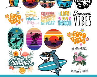 Paquete de imágenes prediseñadas de verano en formato PNG, paquete de gráficos para vacaciones en la playa, diseños de atardeceres tropicales, imágenes prediseñadas de surf, arte de flamencos.