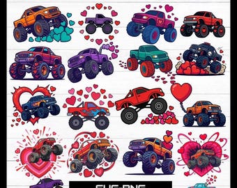 Paquete PNG de Monster Truck / Paquete de imágenes prediseñadas de Monster Truck de amor / Lindo camión con forma de corazón PNG