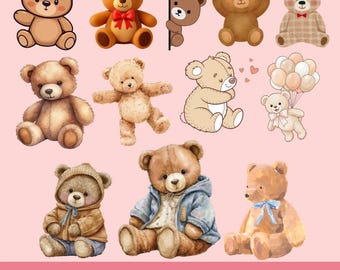 Imágenes prediseñadas de ositos de peluche en acuarela, ositos de peluche PNG, imágenes prediseñadas para guardería, imágenes prediseñadas para baby shower, ositos del bosque PNG, imágenes prediseñadas de ositos lindos