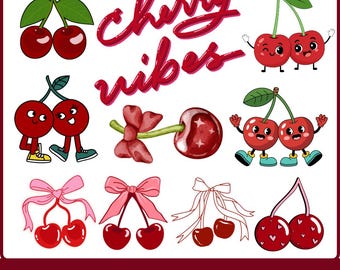Paquete PNG de cerezas, paquete de imágenes prediseñadas de cerezas lindas, PNG de Cherry Vibes, gráficos de cerezas kawaii, PNG de Coquette Cherry Bow, imágenes prediseñadas de frutas rojas