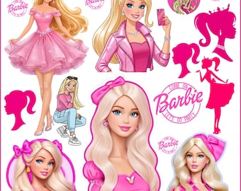Paquete de imágenes PNG inspiradas en muñecas de moda rosas, linda colección de imágenes prediseñadas de chicas glamorosas con lazo rosa, conjunto de gráficos digitales femeninos, descarga PNG transparente
