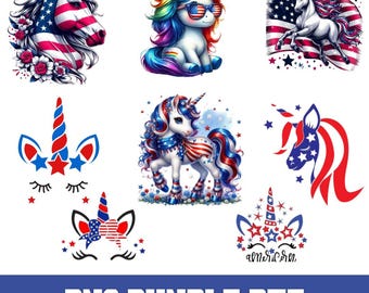Paquete de imágenes PNG de unicornios patrióticos, diseño de sublimación de la bandera de EE. UU., gráfico del 4 de julio (descarga digital)
