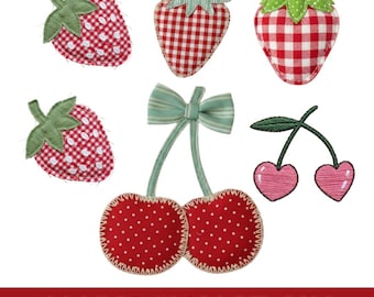 Paquete de imágenes prediseñadas PNG de fresas y cerezas / Imágenes prediseñadas de frutas de patchwork coquetas / Fresa a cuadros PNG / Imágenes prediseñadas de lazos de cereza lindos
