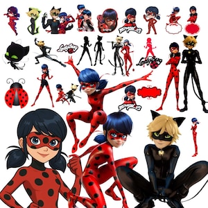 May include: A collection of colourful cartoon images featuring characters from the animated series Miraculous: Tales of Ladybug & Cat Noir. The images include Ladybug, Cat Noir, and other characters in various poses.