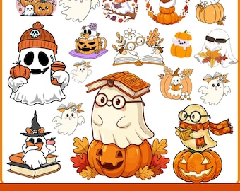 Paquete de imágenes PNG de fantasmas lindos de Halloween, imágenes prediseñadas de fantasmas leyendo, imágenes PNG de fantasmas de calabaza, gráficos kawaii de Halloween, paquete de fantasmas de otoño