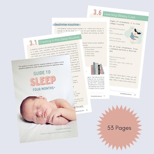 Könnte beinhalten: Ein Ratgeber mit dem Titel "Guide to Sleep Four Months+" mit einem schlafenden Baby auf dem Cover. Der Ratgeber ist umgeben von Seiten mit Text über Schlafenszeitroutinen und Schlafsignale. Eine rosa Sternburst-Grafik zeigt an, dass der Ratgeber 53 Seiten hat.