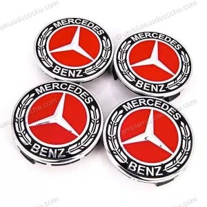 Könnte beinhalten: Vier Mercedes-Benz Radnabenabdeckungen. Jede Kappe hat eine rote Mitte mit einem weißen dreizackigen Sternlogo, umgeben von einem silbernen Ring und einem schwarz-silbernen Lorbeerkranz-Design. Das Wort "MERCEDES" ist darüber und "BENZ" darunter angeordnet.