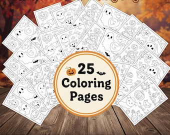 May include: A set of 25 Halloween-themed colouring pages featuring ghosts, pumpkins, and bats. The words "Halloween Colouring Pages" are at the top, and a circular graphic states "25 Colouring Pages". A row of colourful crayons is at the bottom.