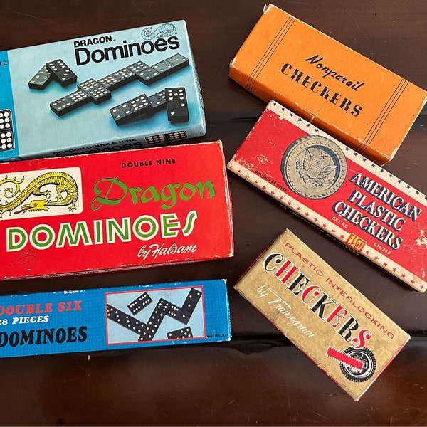 Vintage Checkers and Dominos Original Boxes Family Game Night Game Room Decor