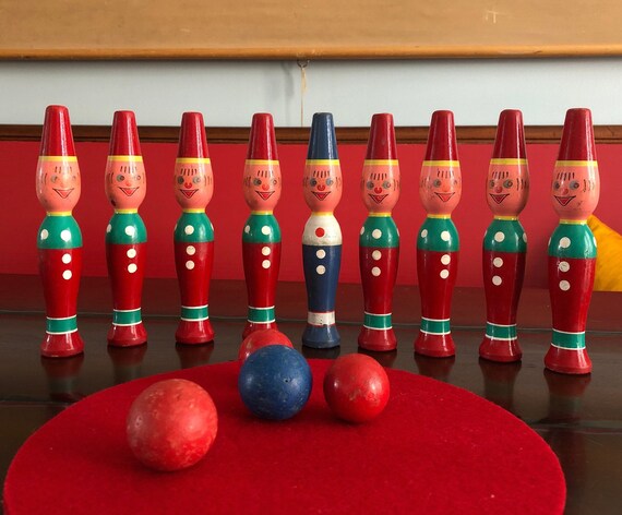 Vintage French Skittles Set: Hand-Painted Wooden Soldier Bowling Pins