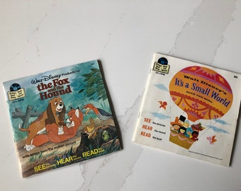Vintage and Collectible Walt Disney's It's a Small World and The Fox and the Hound 33 1/3 RPM Vinyl Record with Storybooks