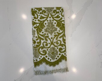 Vintage Bath Towel in Olive Jaccquard - No Makers Mark and Small Stain