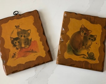 Vintage and Collectible Set of Wood Kitten or Cat Decorative Wall Plaques