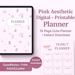 May include: Pink aesthetic digital and printable planner with floral design. The planner includes a cover with the word "PLANNER" and "VINTAGE WIND" text. The image also shows a yearly planner layout with butterfly illustrations.