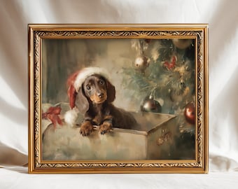 May include: A framed vintage painting of a dachshund puppy wearing a Santa hat, sitting in a box. The painting has a gold frame and a Christmas tree in the background. The painting is signed "NOVUS VINTAGE ART".