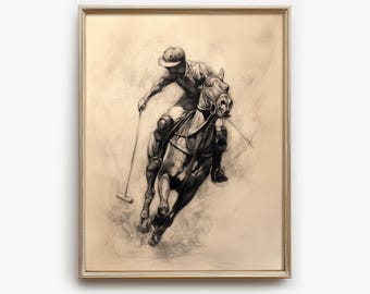 Puede incluir: Una impresión en tonos sepia enmarcada de un partido de polo. La obra de arte representa a un jugador de polo a caballo, balanceando un mazo. La imagen tiene una estética vintage, con el texto "NOVUS VINTAGE ART" y "ARCHIVAL QUALITY PREMIUM PRINTS" en la parte inferior.