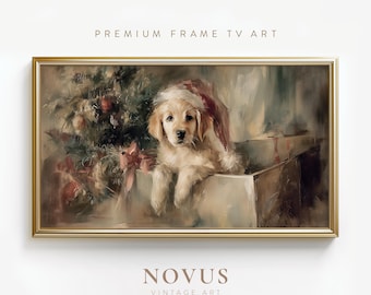 Samsung FRAME TV Art Golden Retriever Christmas Puppy Painting, Vintage Holiday Dog Portrait | A101TC