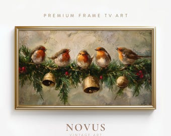 May include: A framed painting depicting five robins on a garland of evergreen branches, red berries, and gold bells. The artwork has a vintage style, with the text "PREMIUM FRAME TV ART" at the top and "NOVUS VINTAGE ART" at the bottom.
