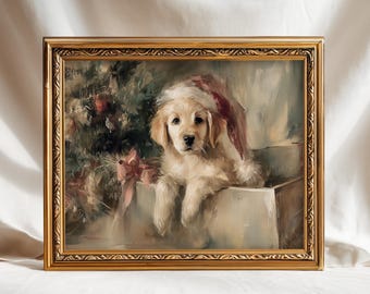 Op de afbeelding: Een vintage schilderij in een lijst van een Golden Retriever-puppy met een kerstmuts. De puppy zit in een doos, met een kerstboom en een roze strik op de achtergrond. De lijst is goudkleurig en het kunstwerk is gesigneerd "NOVUS VINTAGE ART".