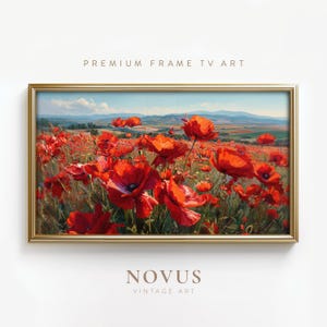 Può includere: Dipinto paesaggistico incorniciato con un campo di papaveri rossi vibranti sotto un cielo blu. L'opera è incorniciata in una cornice dorata, con il testo "PREMIUM FRAME TV ART" e "NOVUS VINTAGE ART".