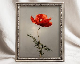 Printable Vintage Poppy Wall Art, Antique-Style Botanical Print, Red Flower Cottagecore Decor | A043PF