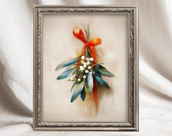 Mistletoe Wall Art, Christmas Botanical Painting, Vintage Winter Holiday Decor, Digital Download | A025PC