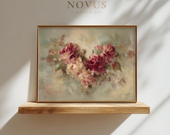 May include: A framed floral painting featuring a bouquet of red and cream roses. The artwork is set against a soft, muted background with green foliage. The frame is gold, and the text "NOVUS VINTAGE ART" is visible at the top.
