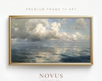 Art côtier Samsung FRAME TV, art vintage d'oiseau, peinture de mouettes, océan serein | A151 To