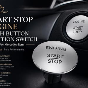 May include: Silver engine start/stop push button ignition switch for Mercedes-Benz. The button has the words "ENGINE START STOP" in black text. The MapleAmour logo is in the upper left corner.
